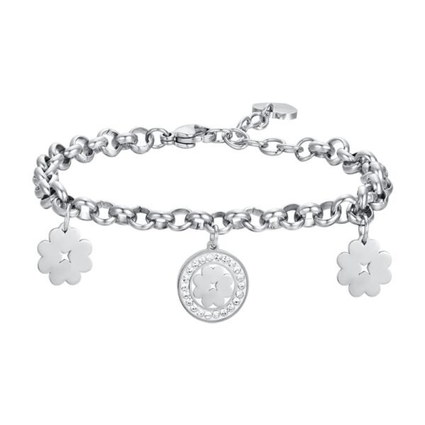 Bracciale Donna Luca Barra In Acciaio Con Quadrifogli E Cristalli Bianchi