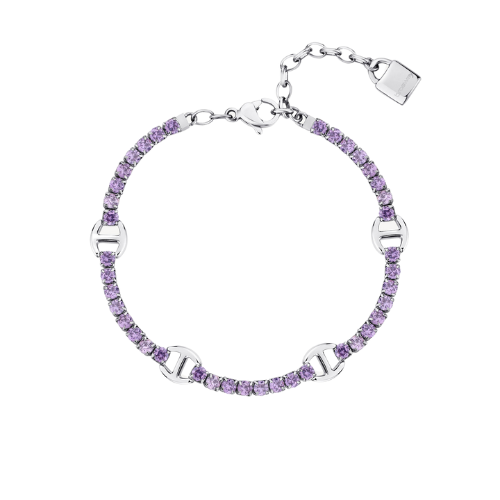 Bracciale Donna In Acciaio Con Cubic Zirconia Viola Ametista E Lucchetto