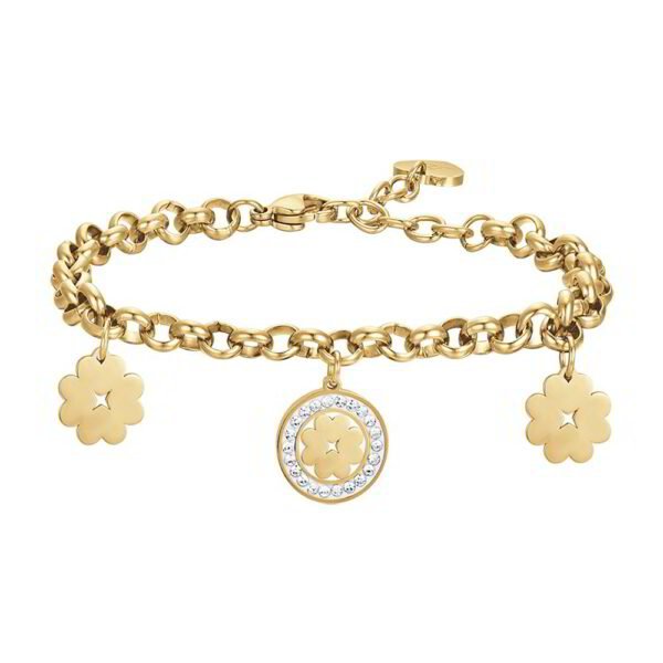 Bracciale Donna Luca Barra In Acciaio Dorato Con Quadrifogli E Cristalli Bianchi