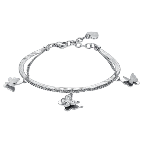 Bracciale Donna Doppio Filo In Acciaio E Farfalle Con Cristalli Bianchi 3 - Verre Gioielli Bracciale Donna Doppio Filo In Acciaio E Farfalle Con Cristalli Bianchi