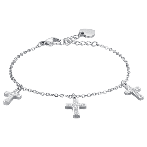 Bracciale Donna Luca Barra In Acciaio Con Croci E Cristalli Bianchi