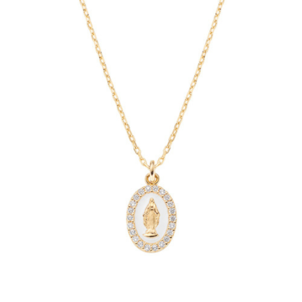 Collana Donna Amen In Argento 925 Dorato Con Madonna Miracolosa Con Smalto E Zirconi Bianchi