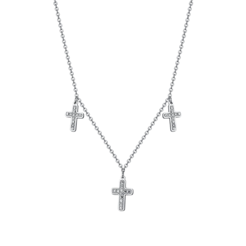 Collana Donna Luca Barra In Acciaio Con Croci Pendenti E Cristalli Bianchi 3 - Verre Gioielli Collana Donna Luca Barra In Acciaio Con Croci Pendenti E Cristalli Bianchi
