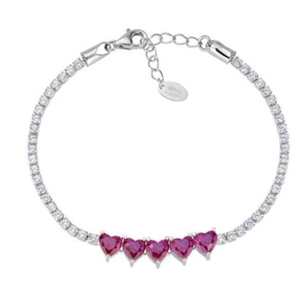 Bracciale Donna Tennis Amen In Argento 925 Con Zirconi Bianchi E 5 Cuori Con Zirconi Rosso Rubino