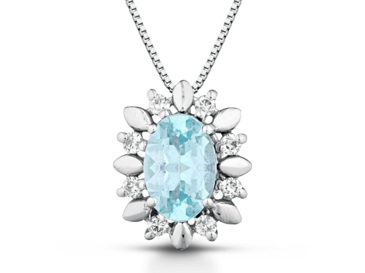 Collana Con Ciondolo A Foglia In Acquamarina Naturale E Argento 925, Lunghezza Catena 50 Cm