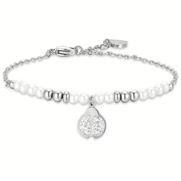 Bracciale Donna Luca Barra In Acciaio Con Perle Bianche E Coccinella
