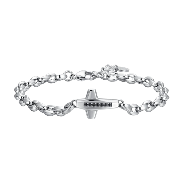 Bracciale Uomo Luca Barra In Acciaio Con Croce E Zirconi Neri