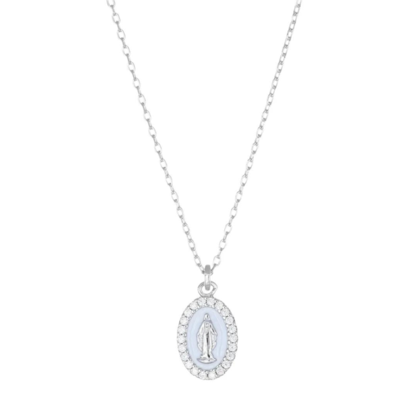 Collana Donna Amen In Argento 925 Con Madonna Miracolosa E Smalto Bianco Perla