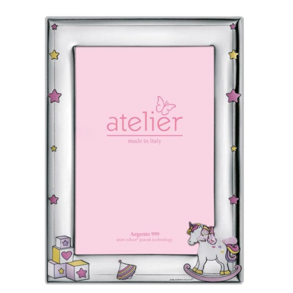 Cornice Portafoto Atelier Baby Rosa In Argento 999 Con Cavalluccio
