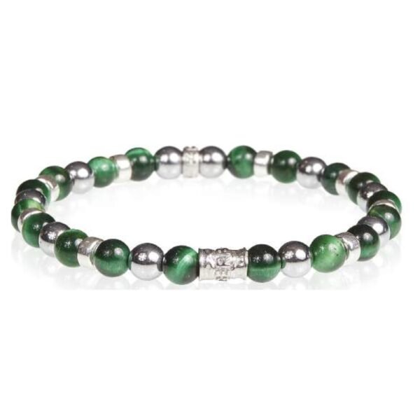 Bracciale Uomo Gerba Elastico In Argento 925 Con Occhio Di Tigre Verde E Ematite
