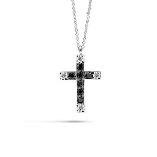 Collana Girocollo Recarlo Con Croce In Oro Bianco 18 Kt Con Diamanti Bianchi 0.03 Ct E Neri 0.07 Ct Face Cube