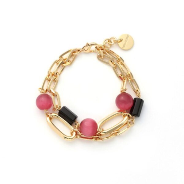 Bracciale Donna Unoaerre In Bronzo Dorato A Doppia Catena Forzatina Con Pietre Rosa E Cristalli Neri Gipsy