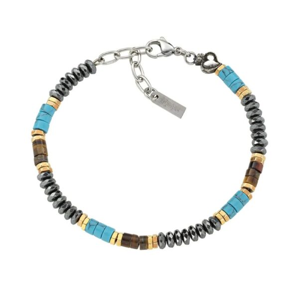 Bracciale Uomo Amen In Acciaio Con Ematite E Occhio Di Tigre Turchese E Sacro Cuore