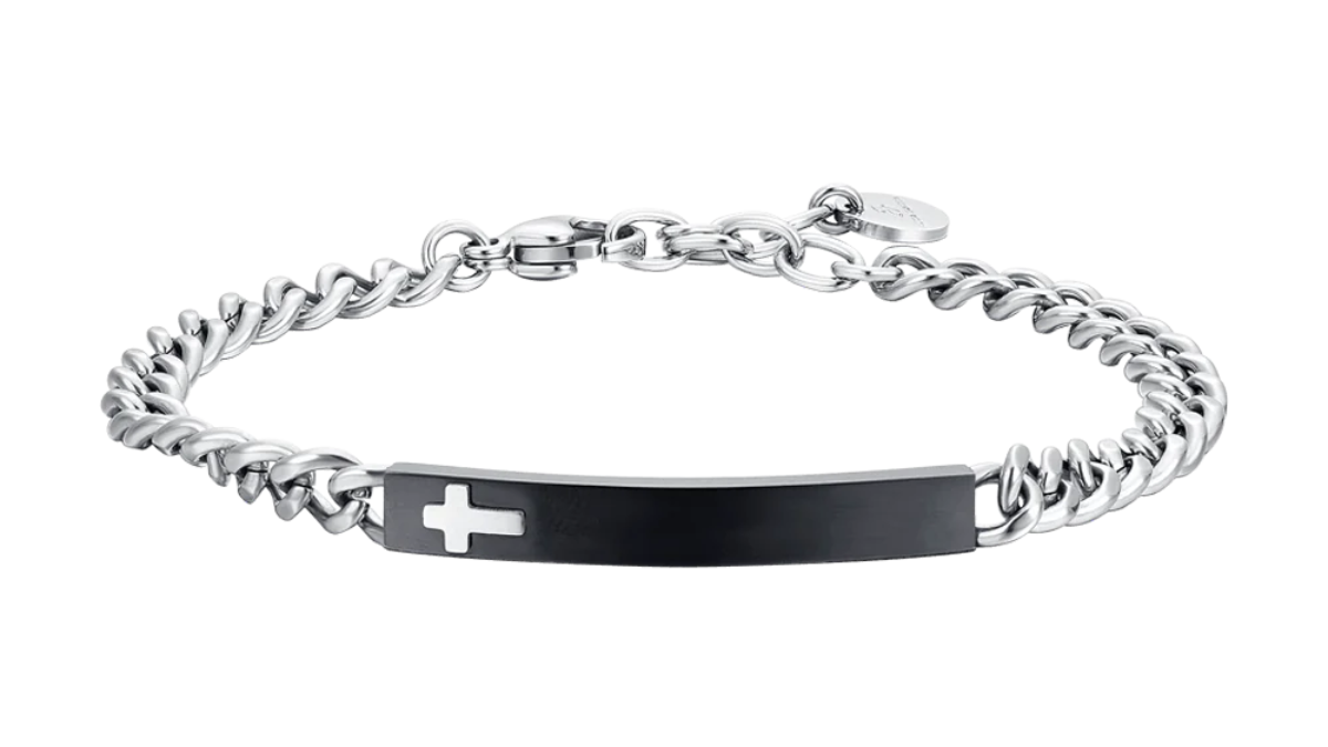 Bracciale Pelle Nero Uomo Messianico Acciaio Inox Placca