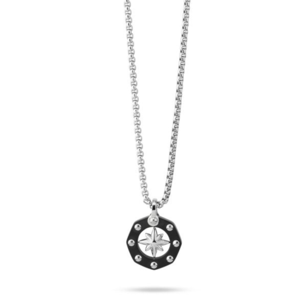 Collana Uomo Boccadamo Man A Maglia Marina In Acciaio E Rosa Dei Venti Pendente