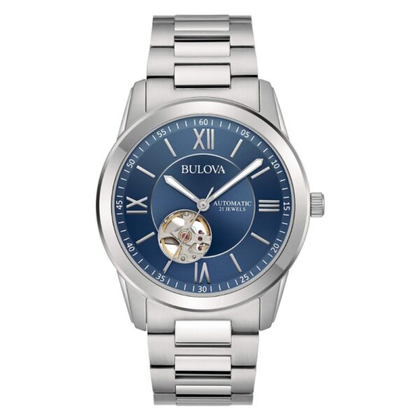 Orologio Uomo Bulova Automatico Open Heart In Acciaio Silver E Blu