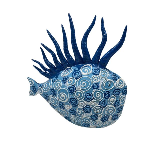 Scultura A Pesce Futuro D'Arte In Ceramica Azzurra E Blu