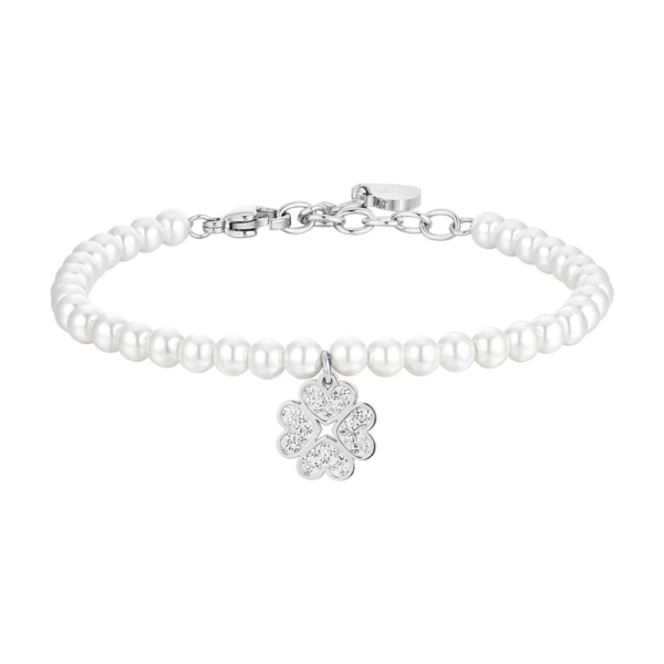 Bracciale Donna Luca Barra In Con Perle Sintetiche E Quadrifoglio Con Zirconi Bianchi