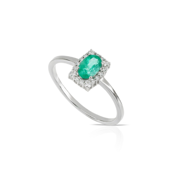 Anello Donna Pg Gioielli In Oro Bianco 18 Kt Con Diamanti 0.10 Ct E Smeraldo 0.40 Ct