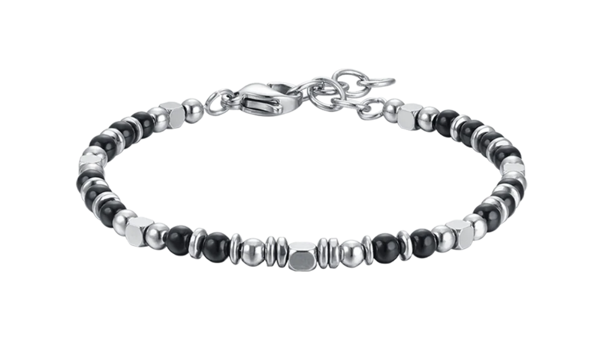 Luca Barra - Bracciale uomo in cuoio nero con elementi in acciaio