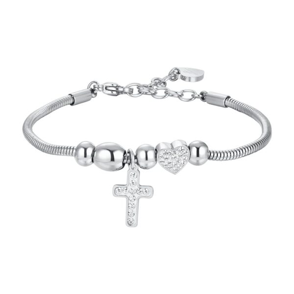Bracciale Donna Luca Barra Con Cuore E Croce Con Cristalli Bianchi