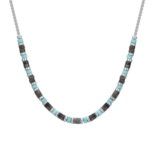 Collana Uomo Luca Barra In Acciaio Con Pietre Turchesi E Grigie 3 - Verre Gioielli Collana Uomo Luca Barra In Acciaio Con Pietre Turchesi E Grigie