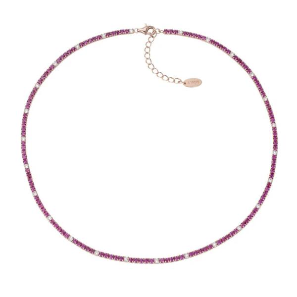 Collana Donna Tennis Amen In Argento 925 Rosato Con Zirconi Rossi E Bianchi