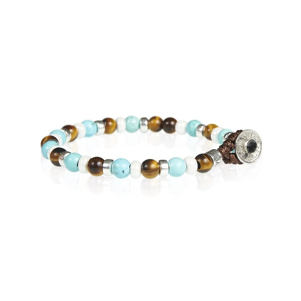 Bracciale Gerba Lab 134 Uomo In Aulite Celeste, Occhio Di Tigre E Argento 925, Fatto A Mano In Italia, Lunghezza 6 Mm, Regalo Elegante E Significativo