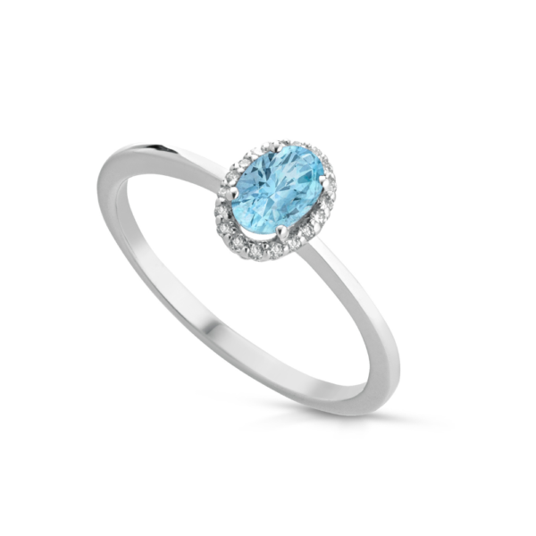 Anello Donna Kioto In Oro Bianco 9 Kt Con Diamanti 0.054 Ct E Acquamarina 0.41 Ct