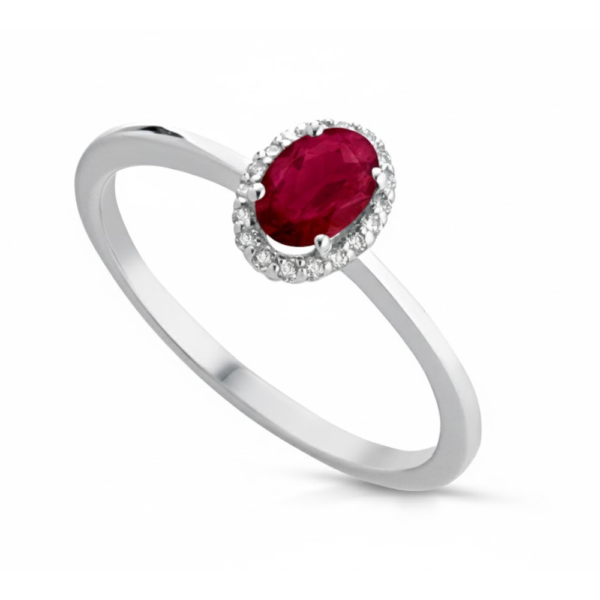 Anello Donna Kioto In Oro Bianco 9 Kt Con Diamanti 0.054 Ct E Rubino 0.75 Ct