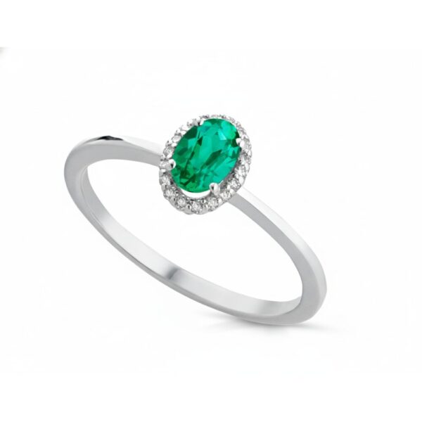 Anello Donna Kioto In Oro Bianco 9 Kt Con Diamanti 0.054 Ct E Smeraldo 0.38 Ct