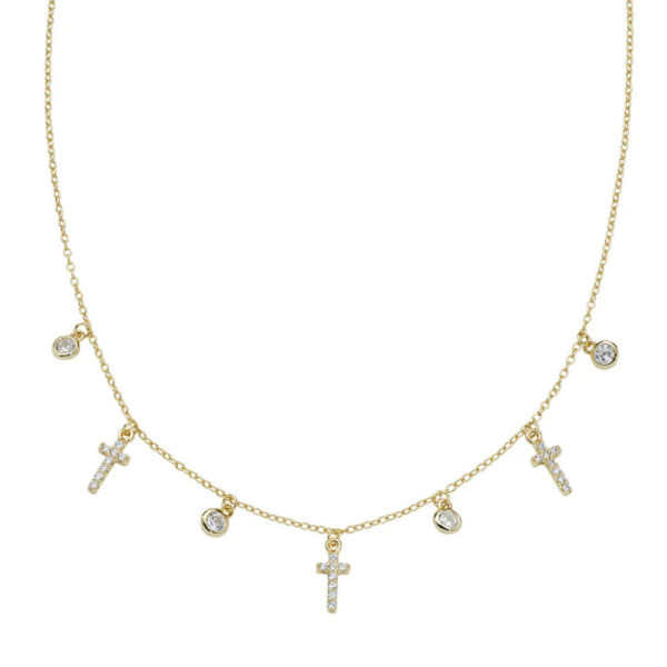 Collana Donna Amen Multi Charms In Argento Dorato Con Croci E Zirconi Bianchi