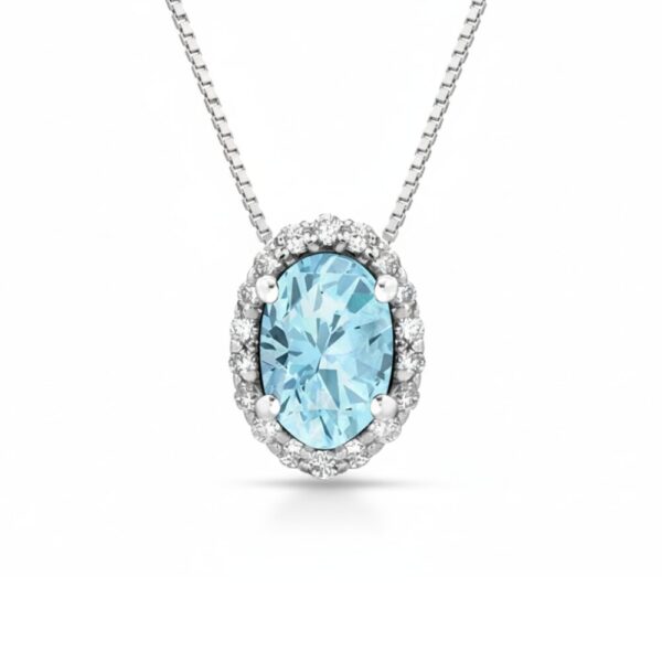 Collana Donna Kioto In Oro Bianco 9 Kt Con Diamanti 0.054 Ct E Acquamarina 0.45 Ct