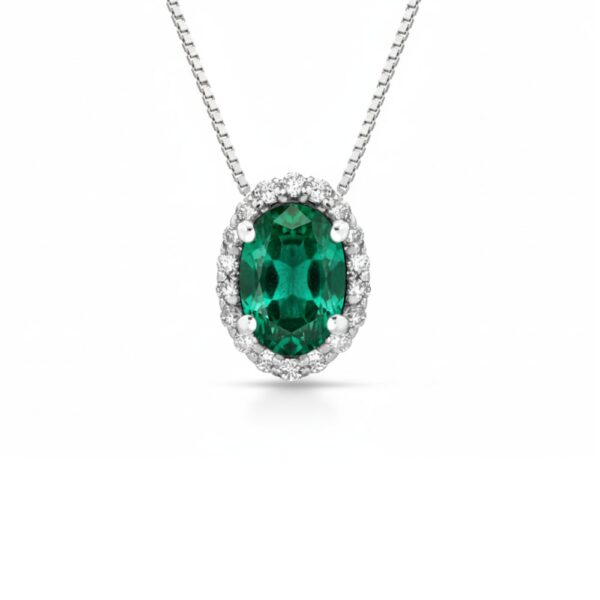 Collana Donna Kioto In Oro Bianco 9 Kt Con Diamanti 0.054 Ct E Smeraldo 0.43 Ct