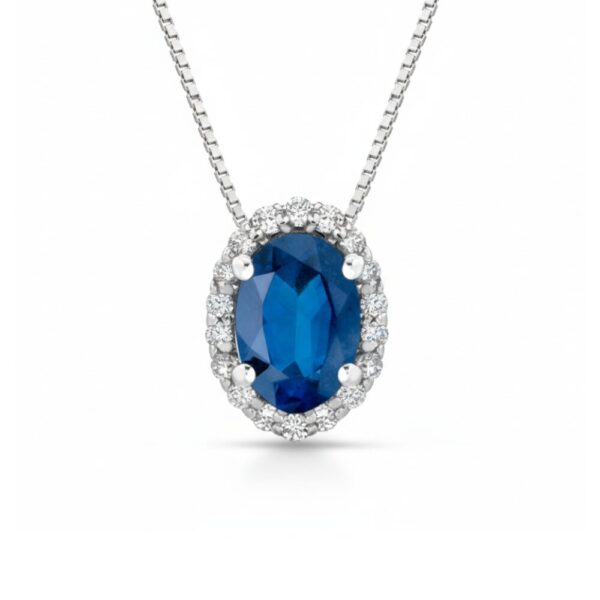 Collana Donna Kioto In Oro Bianco 9 Kt Con Diamanti 0.054 Ct E Zaffiro 0.40 Ct