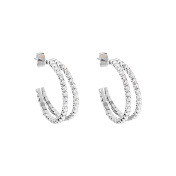 Orecchini Doppio Cerchio Donna Stroili In Acciaio E Cristalli Bianchi