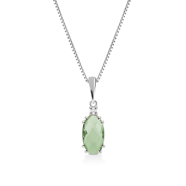 Collana Donna Kioto In Oro Bianco 9 Kt Con Diamanti 0.015 Ct E Cristallo Verde