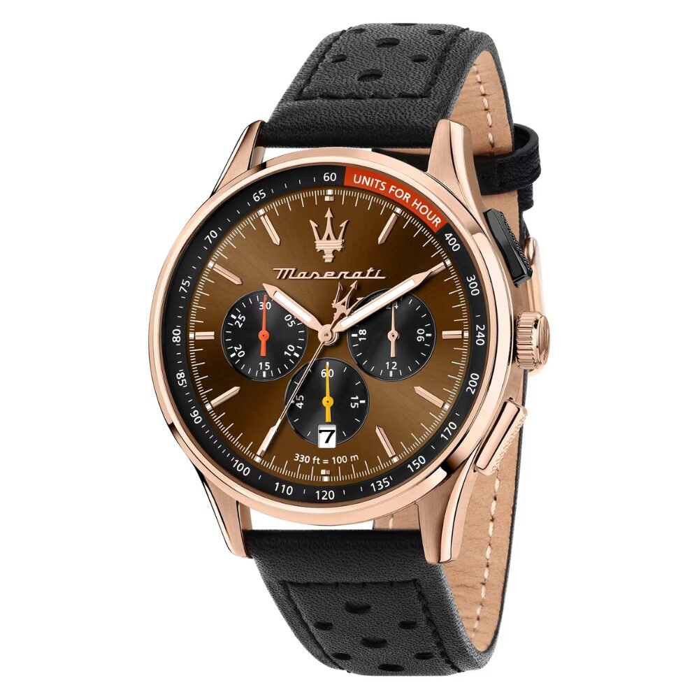 Orologio Cronografo Uomo Maserati In Acciaio Rosato E Pelle Nera Sorpasso