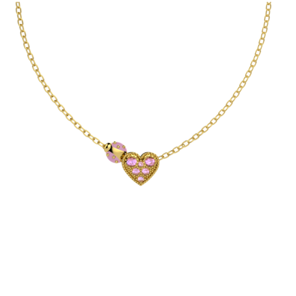 Collana Bimba Nanan In Argento 925 Dorato Con Cuore E Coccinella Rosa