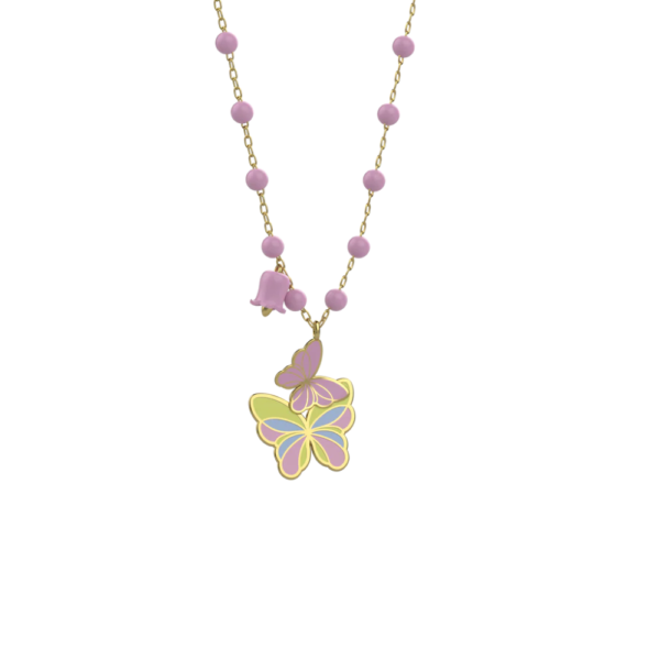 Collana Bimba Nanan In Argento 925 Dorato Con Farfallina E Campanellina Rosa