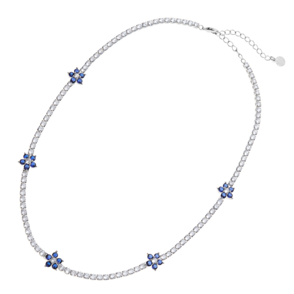Collana Donna Tennis Ottaviani In Bronzo Rodiato Con Cubic Zirconia Bianchi E Blu A Fiore