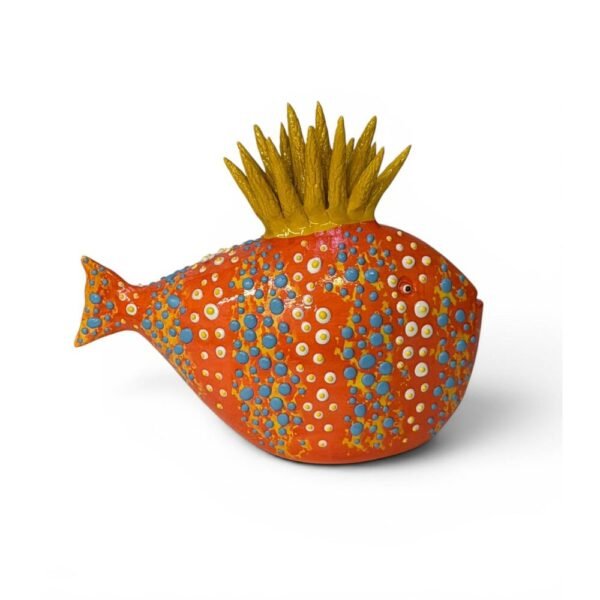 Scultura A Pesce Futuro D’Arte In Ceramica Arancione E Gialla