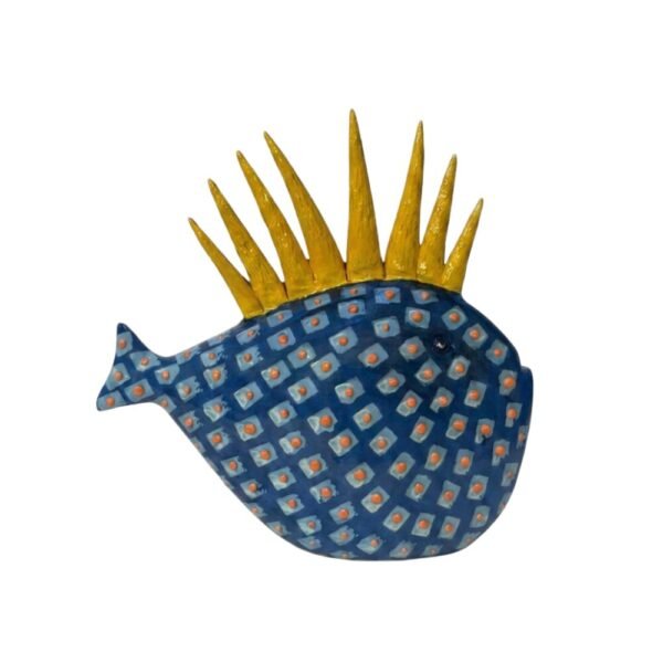 Scultura A Pesce Futuro D’Arte In Ceramica Blu E Gialla