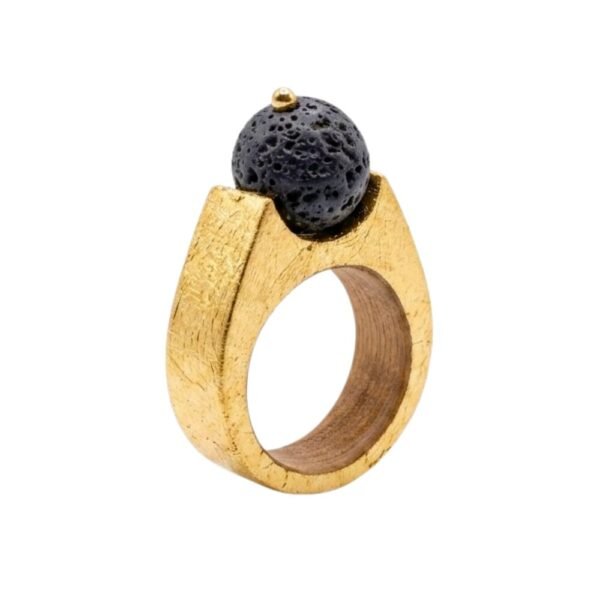 Anello Donna Ilardo Gioielli In Legno E Pietra Lavica Con Foglia D'Oro