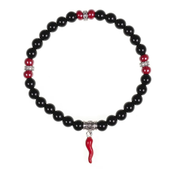 Bracciale Uomo Elastico Gerba Horn Con Onice Nera E Cornetto Rosso In Argento 925