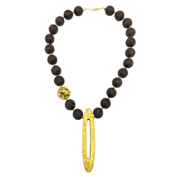 Collana Girocollo Ilardo Gioielli In Legno E Pietra Lavica Con Foglia D'Oro Con Argento 925
