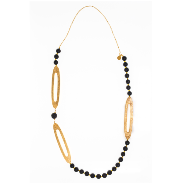 Collana Lunga Ilardo Gioielli In Legno E Pietra Lavica Con Foglia D'Oro