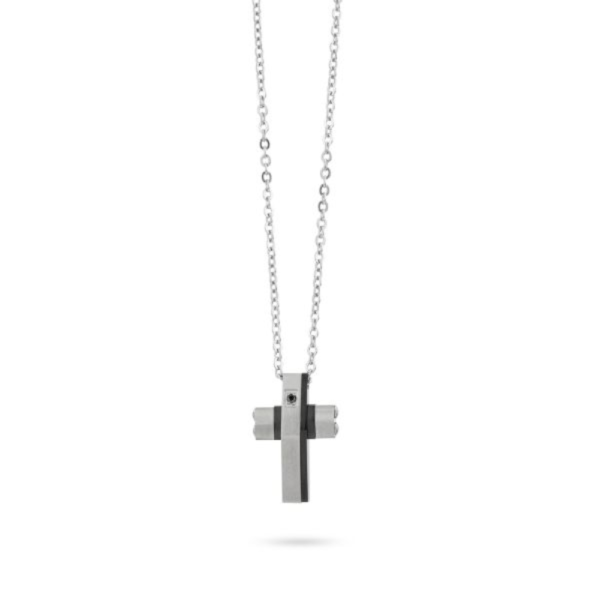 Collana Uomo Boccadamo Man In Acciaio SIlver Con Croce E Zircone Nero