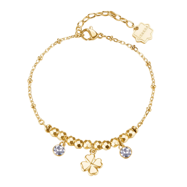 Bracciale Donna Brosway Portafortuna In Acciaio Dorato Con Quadrifoglio E Cristalli Bianchi