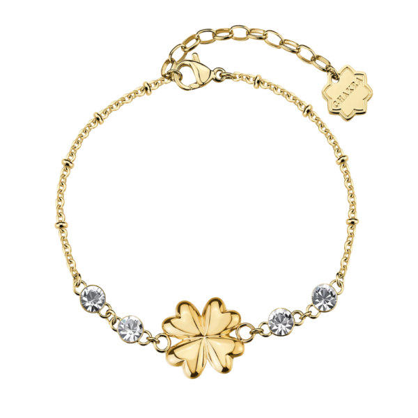 Bracciale Donna Portafortuna Brosway In Acciaio Dorato Con Quadrifoglio E Cristalli Bianchi